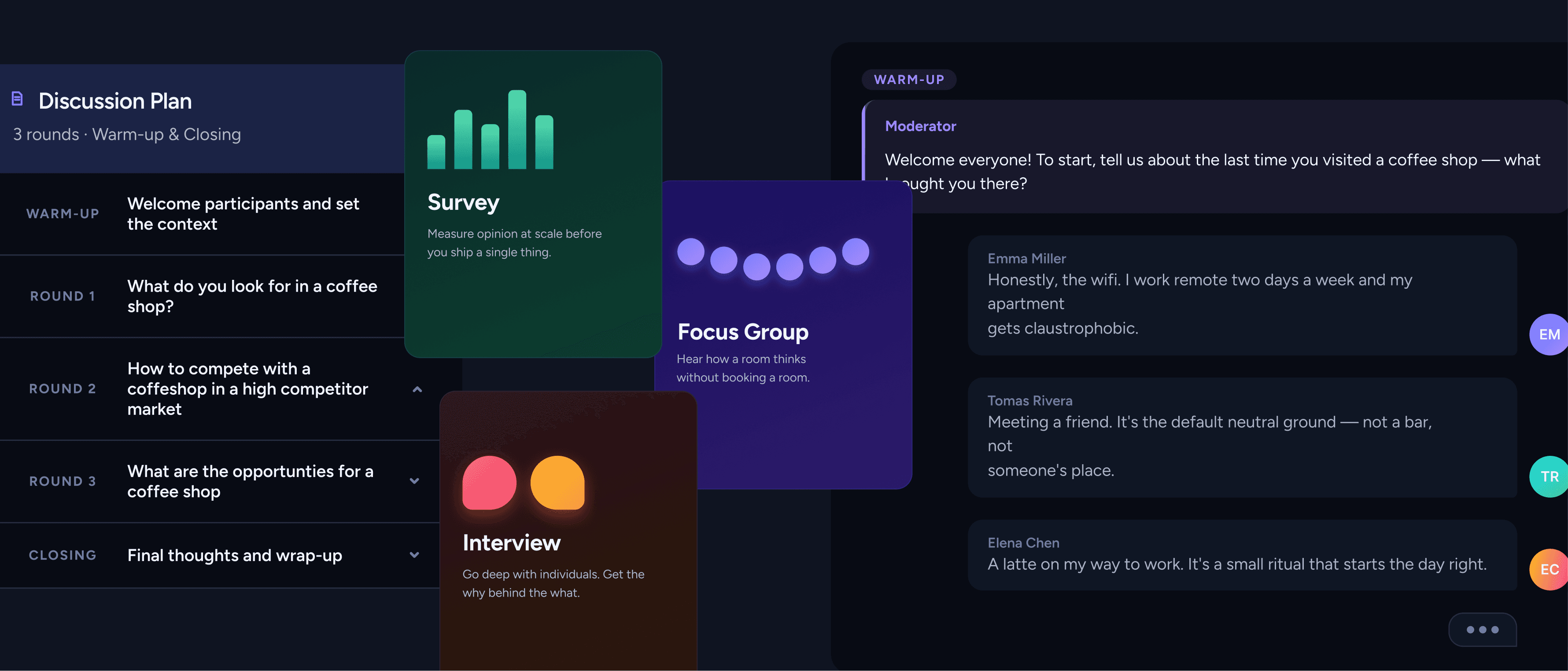 Flexible research design showing discussion plan, survey, focus group, and interview methods